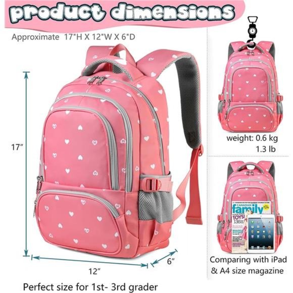 Travel Backpack Girls Pink Bookbags Kindergarten Primary Elementary School Bags - Picture 4 of 7